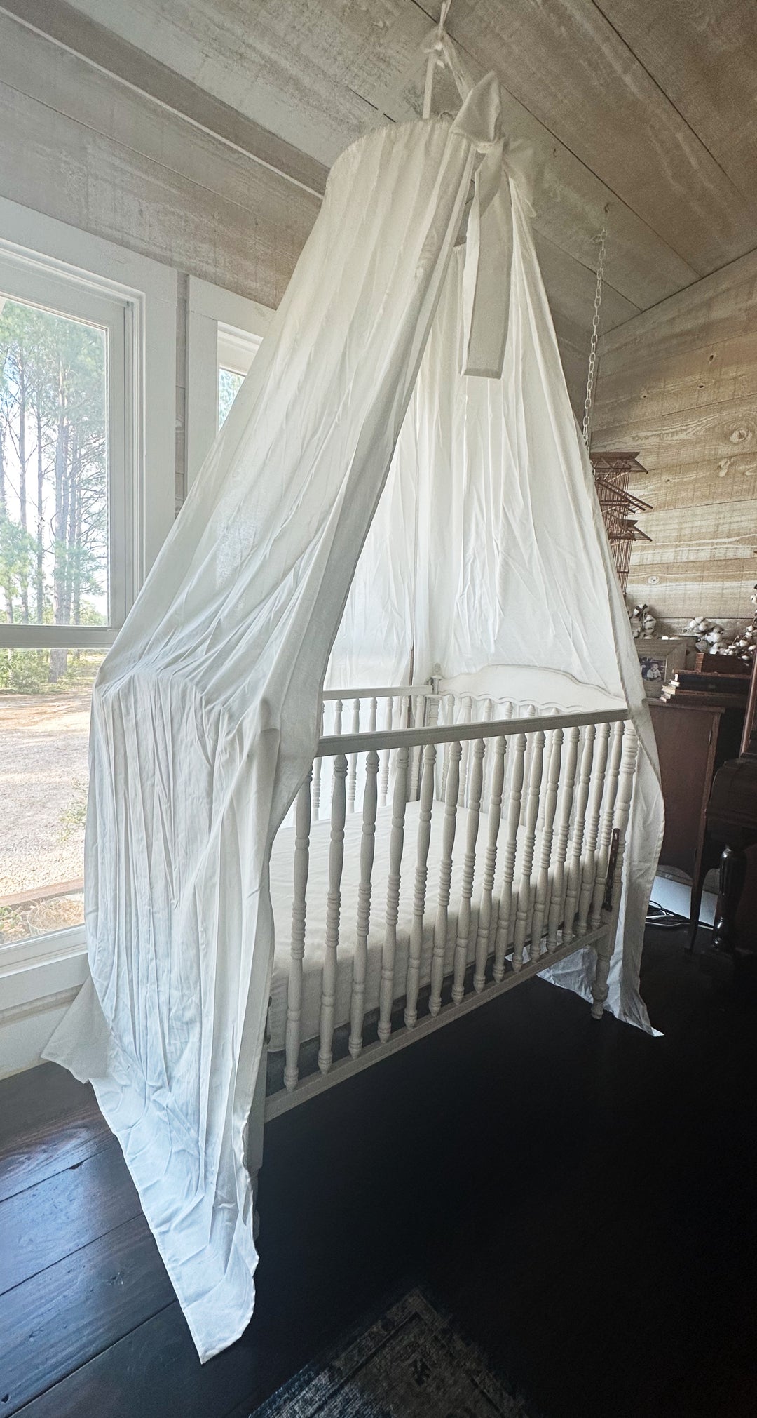 White Crib Canopy — Floor-Length Farmhouse Nursery Drape with Bow