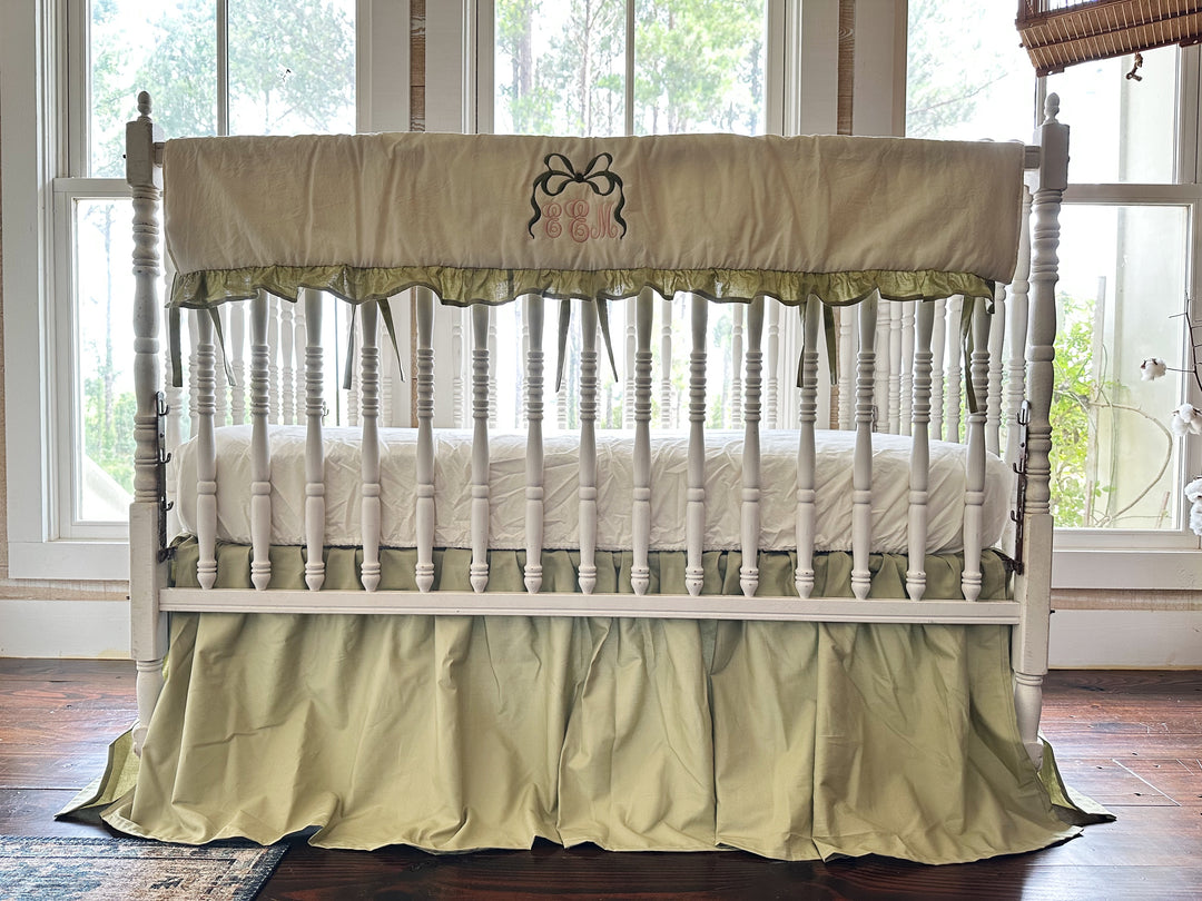 Sage Green & Ivory Crib Rail Cover + Crib Skirt Set