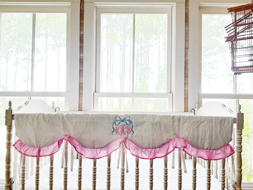 Baby Girl Crib Rail Cover – Cotton Candy Dreams Scalloped Parfait Pink Ruffle | Monogram Option