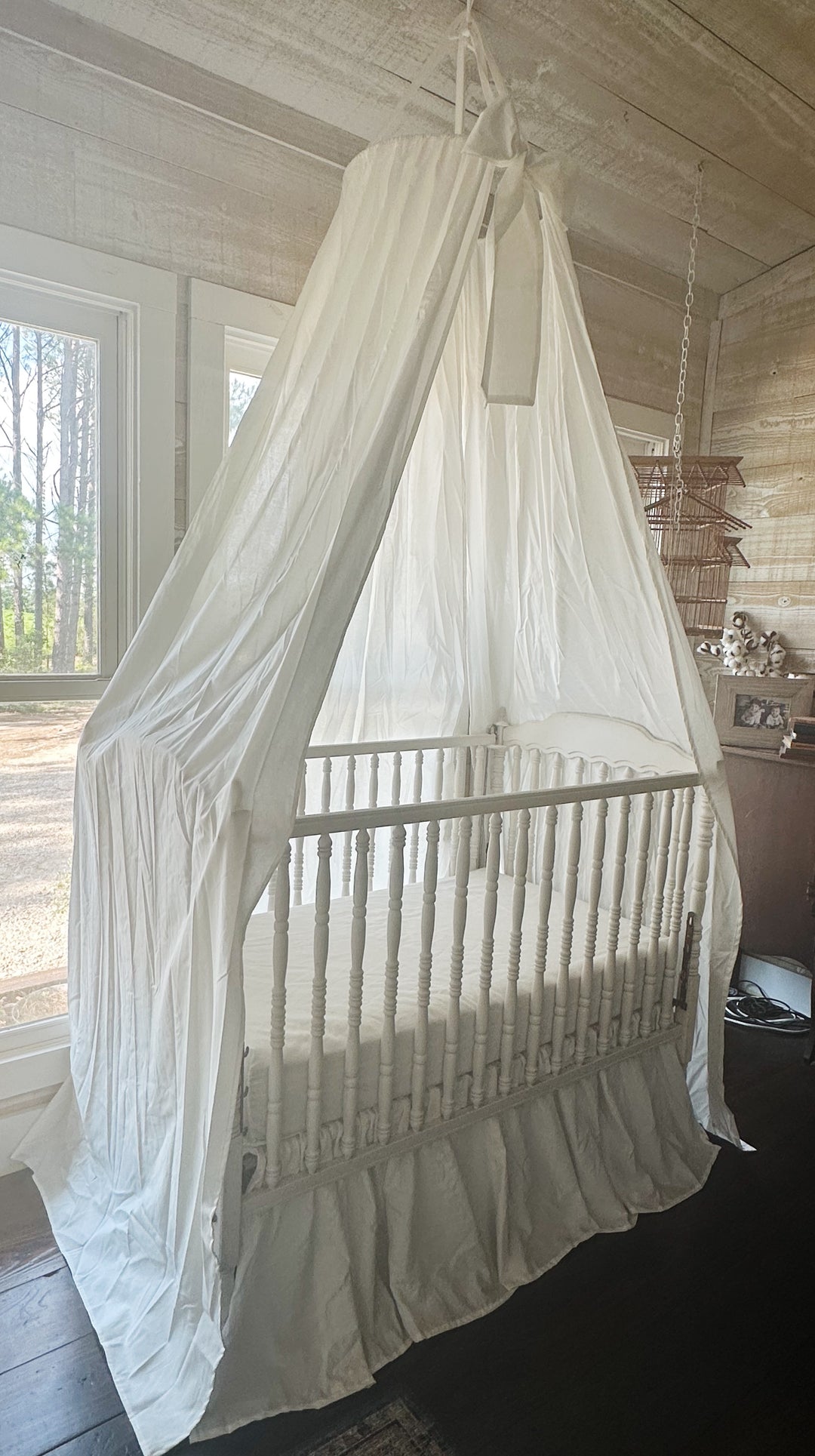 White Crib Canopy Set with Matching Crib Skirt — Farmhouse Nursery