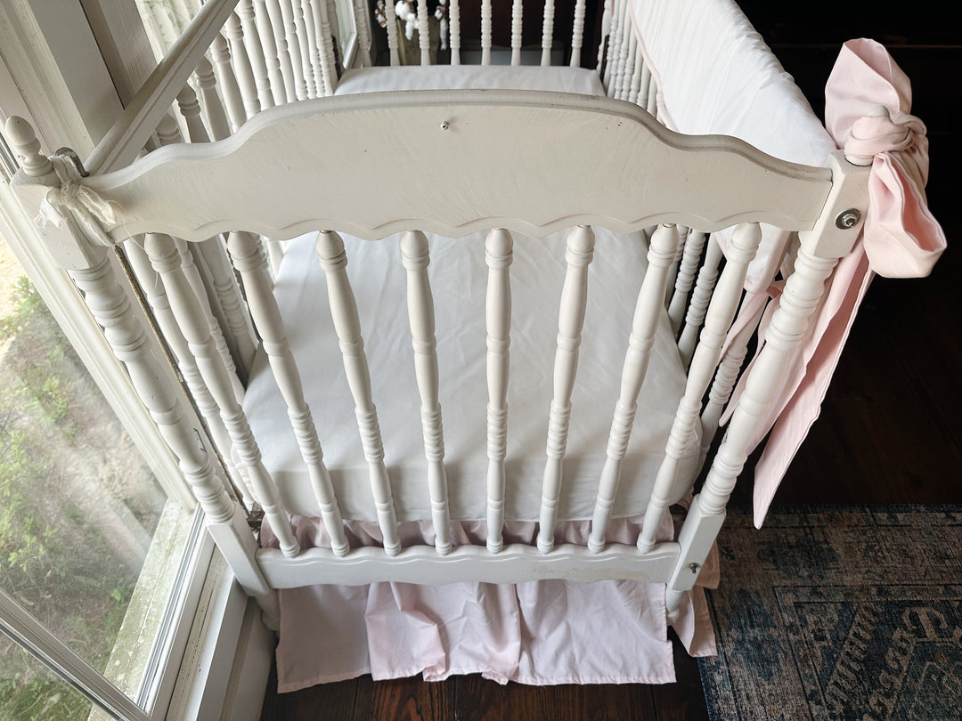 Tailored Crib Rail Cover Set — White Rail Cover with Pink Piping, Gathered Crib Skirt & Crib Bows | Baby Girl Nursery Bedding | Monogram Option