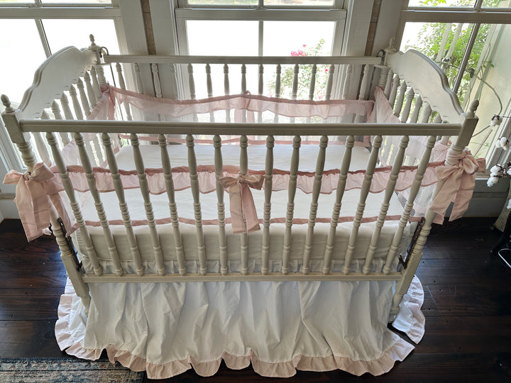 White & Pink Mesh Crib Liner Set + Ruffled Crib Skirt | Safe Sleep Bumper Alternative | Baby Girl Nursery | Handmade