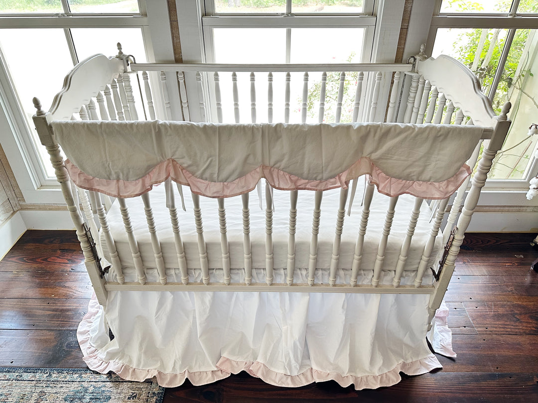 White & Pink Crib Bedding Set | Scallop Rail Cover + Ruffled Crib Skirt | Baby Girl Nursery | Personalized | Handmade