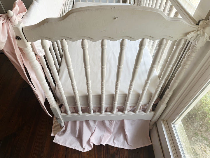 Tailored Crib Rail Cover Set — White Rail Cover with Pink Piping, Gathered Crib Skirt & Crib Bows | Baby Girl Nursery Bedding | Monogram Option