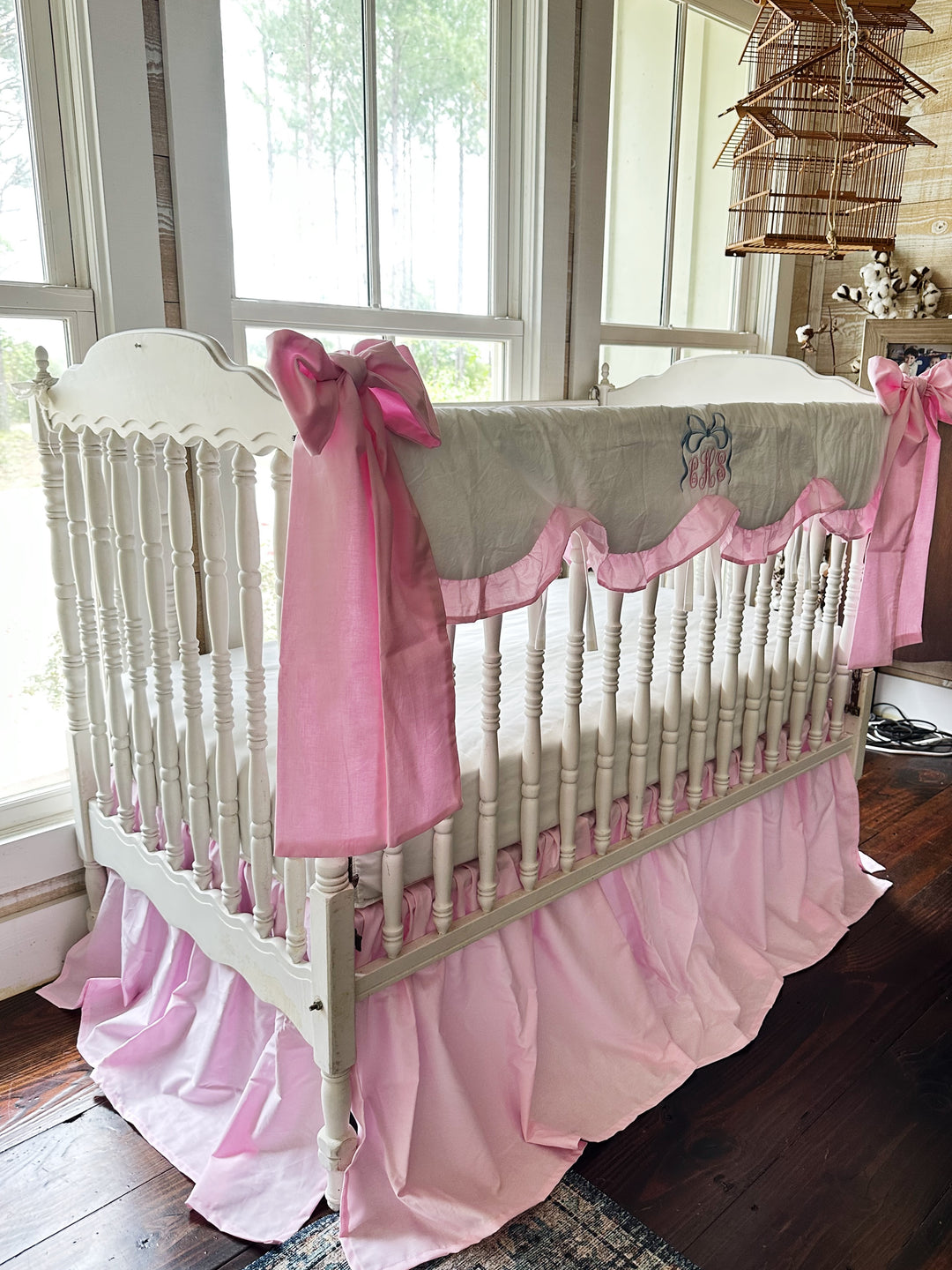 Baby Girl Crib Bedding Set – Cotton Candy Dreams Parfait Pink with Ruffled Crib Rail Cover, Crib Skirt and Bows | Monogram Option