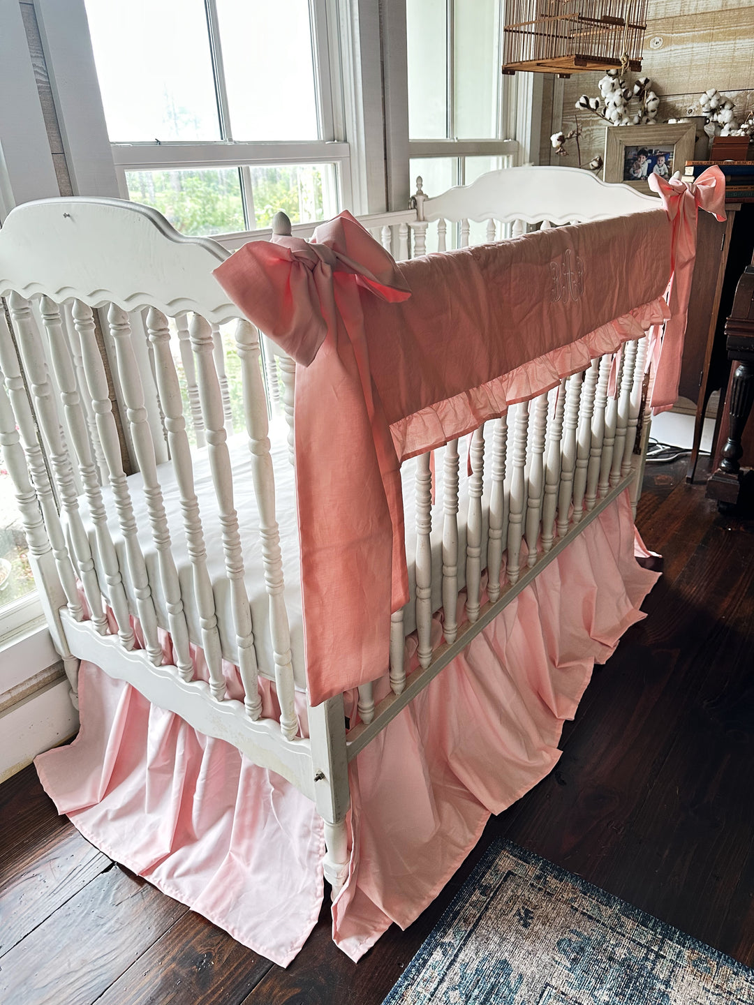 Sisters Pink Ruffled Crib Rail Cover Set with Crib Skirt and Crib Bows