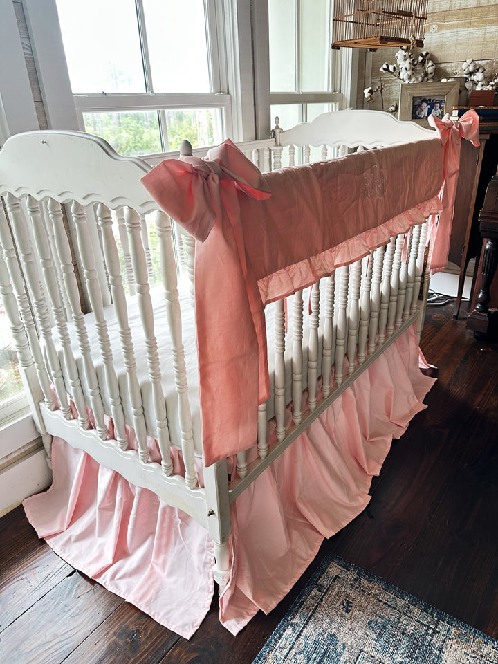 Sisters Pink Ruffled Crib Rail Cover Set with Crib Skirt and Crib Bows