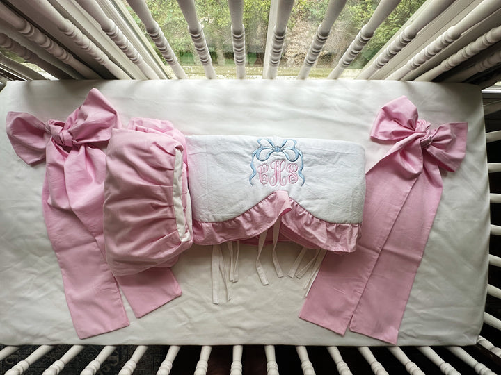 Baby Girl Crib Bedding Set – Cotton Candy Dreams Parfait Pink with Ruffled Crib Rail Cover, Crib Skirt and Bows | Monogram Option