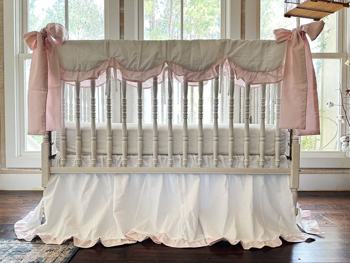 White & Baby Pink Ruffled Crib Rail Cover, Skirt & Bow Set | Baby Girl Nursery Bedding