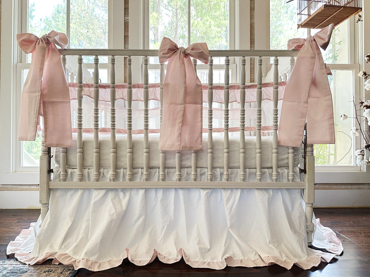 White & Baby Pink Ruffled Mesh Crib Liner, Skirt & Bow Set | Safe Sleep Baby Girl Nursery Bedding