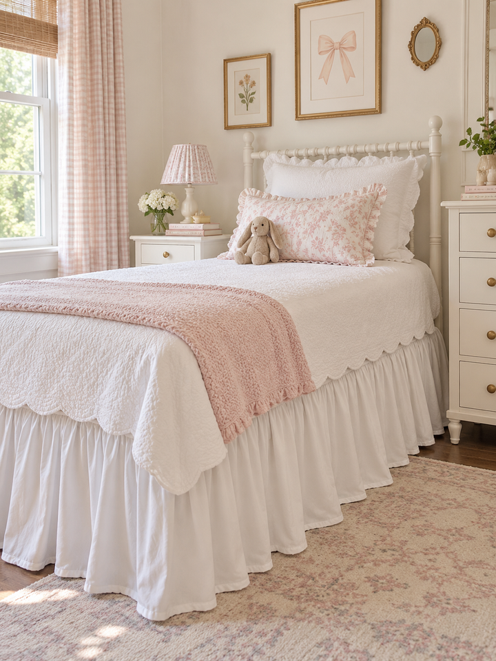 White farmhouse twin bed skirt in a girl's room with pink gingham curtains and a scalloped coverlet - High Cotton Textile