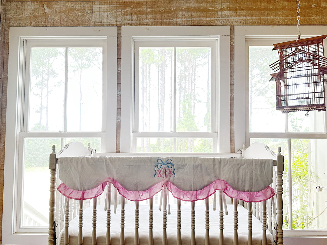 Baby Girl Crib Rail Cover – Cotton Candy Dreams Scalloped Parfait Pink Ruffle | Monogram Option
