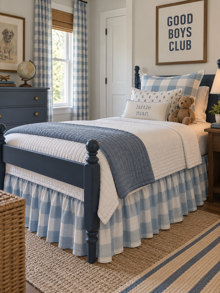 Blue buffalo check twin bed skirt on a navy spindle bed with matching gingham curtains - High Cotton Textile