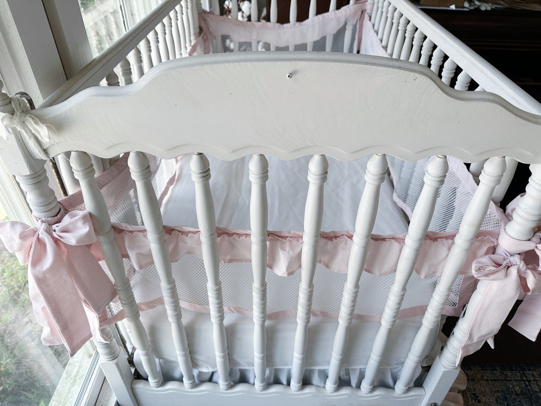 White and Baby Pink Ruffled Mesh Crib Liners | Safe Sleep Bumper Alternative | Breathable Crib Liner | Baby Girl Nursery | Handmade