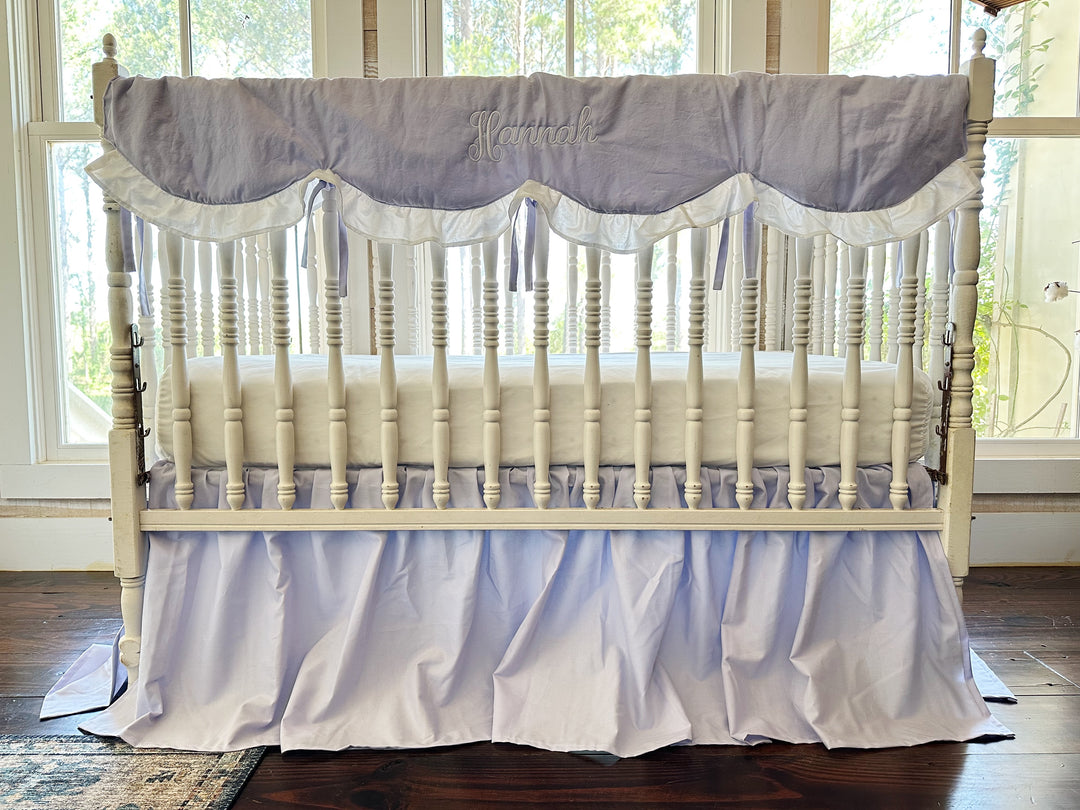 Lavender Scalloped Crib Rail Cover & Farmhouse Skirt Set | Personalized Baby Girl Nursery Bedding