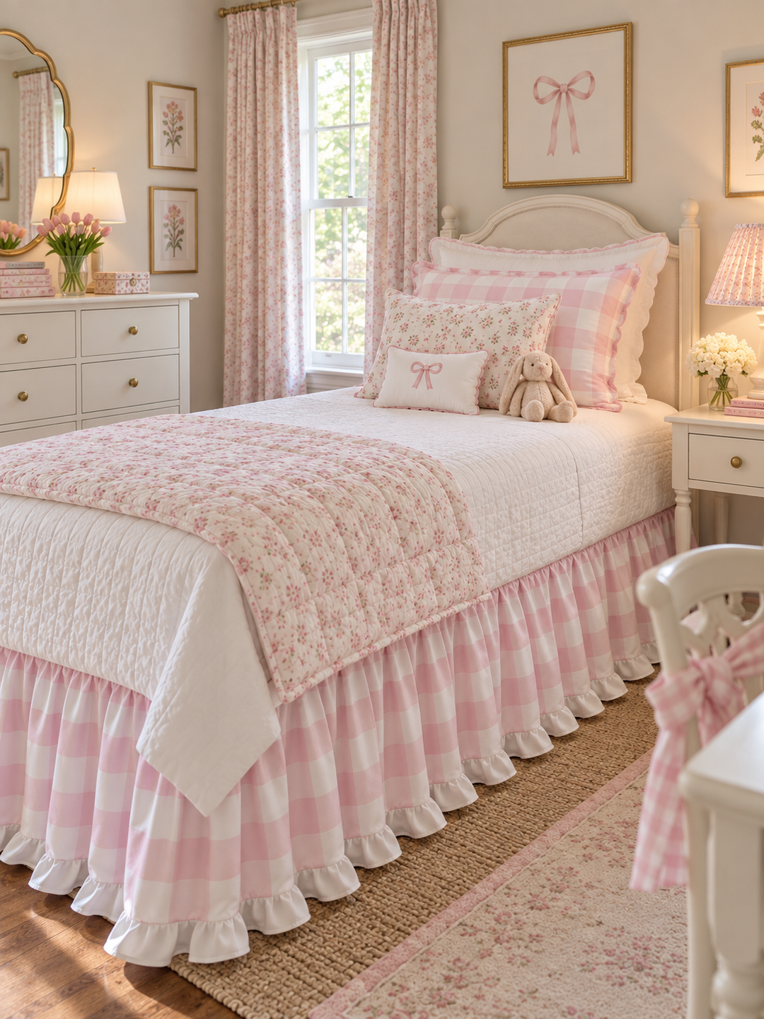 Girl's bedroom with a pink buffalo check and white ruffled twin bed skirt and floral curtains - High Cotton Textile