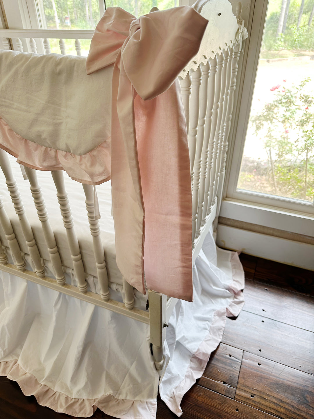 White & Baby Pink Ruffled Crib Rail Cover, Skirt & Bow Set | Baby Girl Nursery Bedding