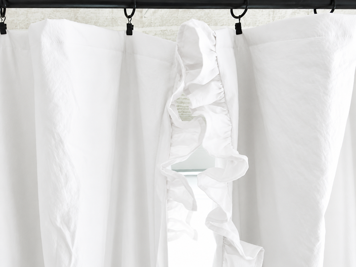 Close up of the soft cotton ruffle down the leading edge of the white blackout panel - High Cotton Textile