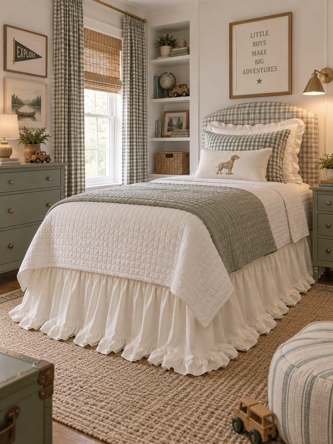 Wide view of a boy's bedroom with an ivory ruffled twin bed skirt and sage green furniture - High Cotton Textile