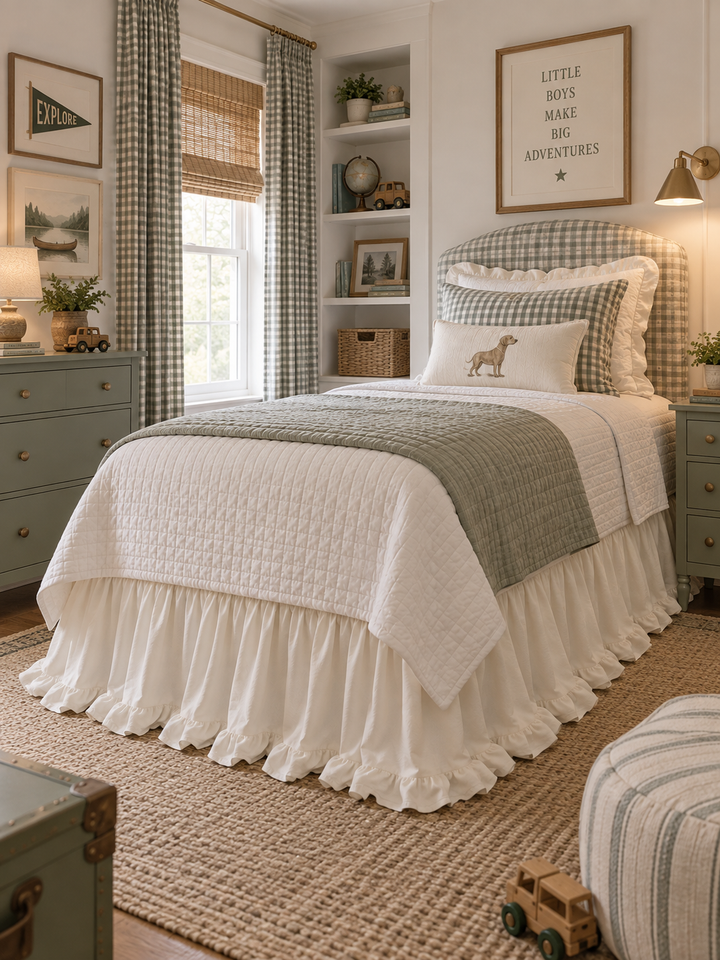 Wide view of a boy's bedroom with an ivory ruffled twin bed skirt and sage green furniture - High Cotton Textile