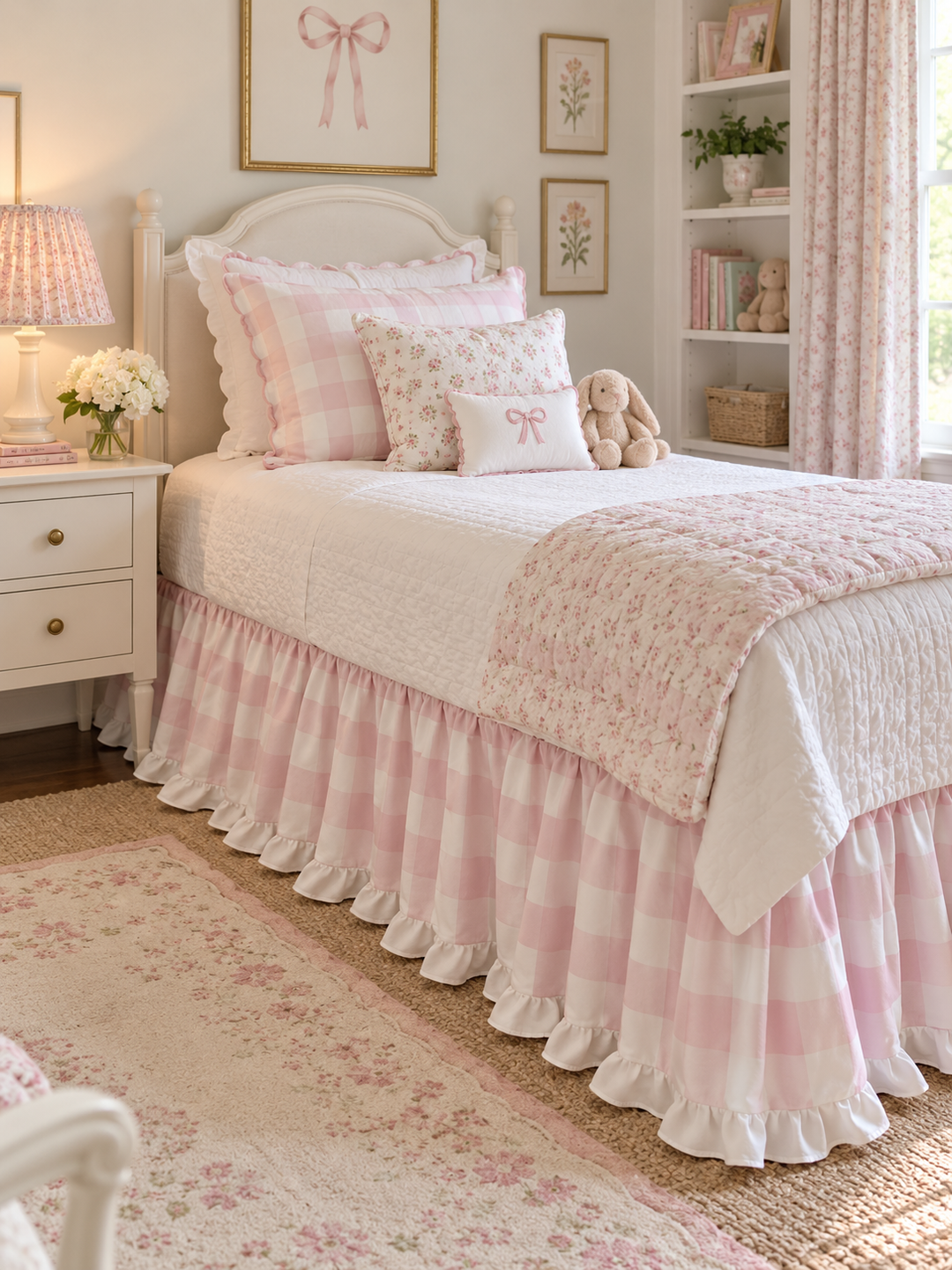 Pink buffalo check twin bed skirt with a white ruffle running the length of the bed above a jute rug - High Cotton Textile