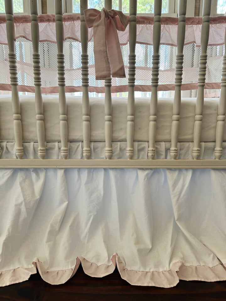 White & Pink Mesh Crib Liner Set + Ruffled Crib Skirt | Safe Sleep Bumper Alternative | Baby Girl Nursery | Handmade