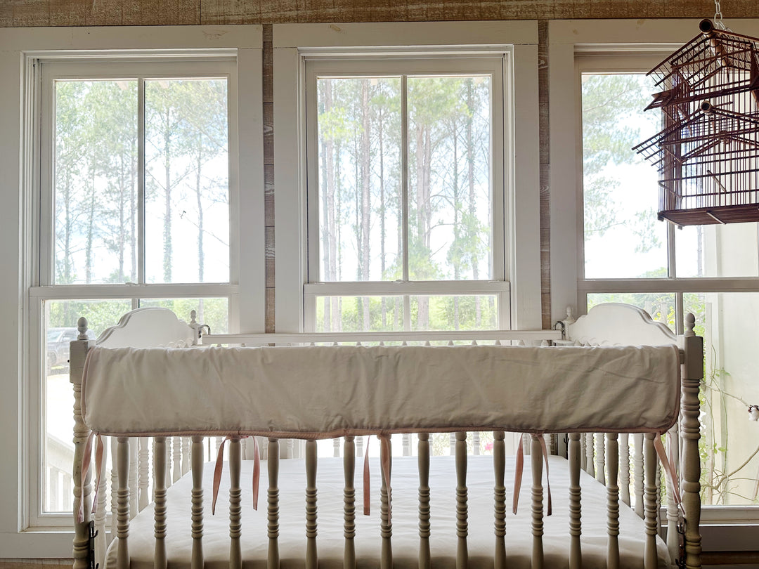 White and Baby Pink Tailored Crib Rail Cover