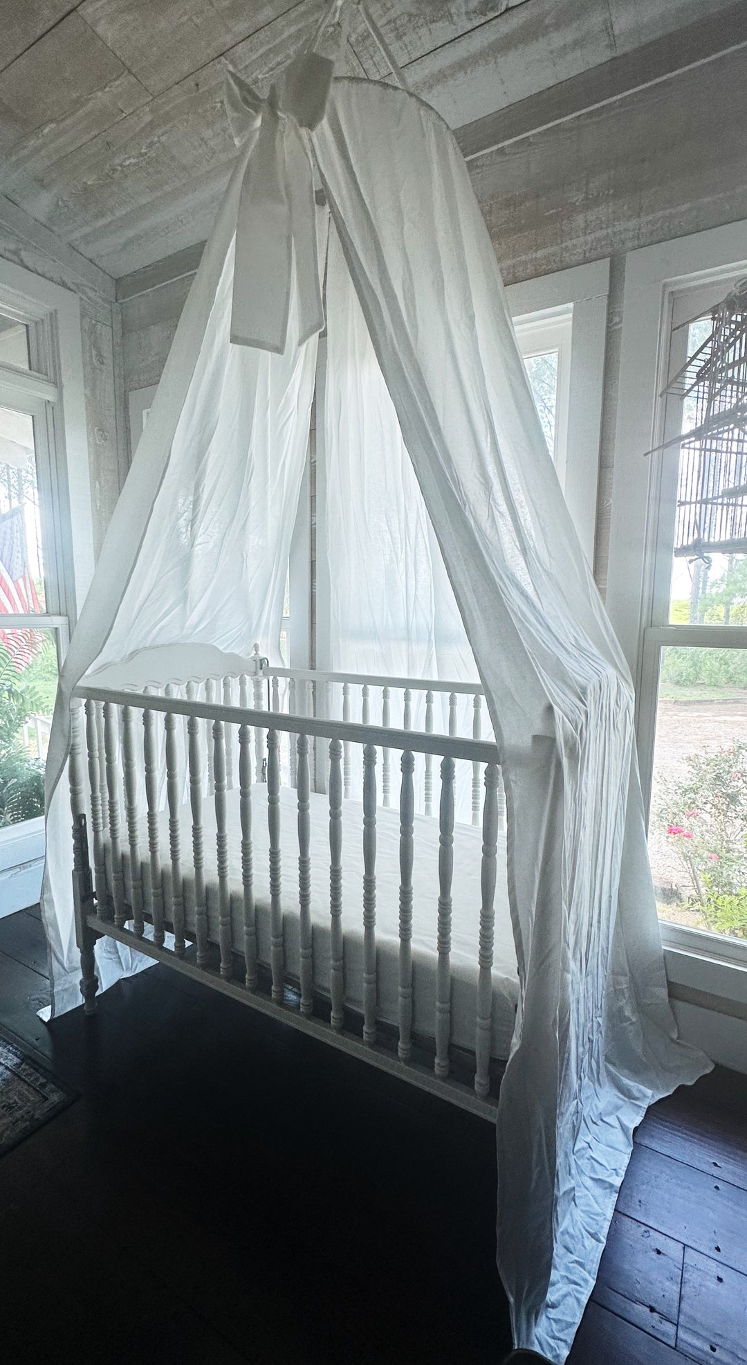 White Crib Canopy — Floor-Length Farmhouse Nursery Drape with Bow