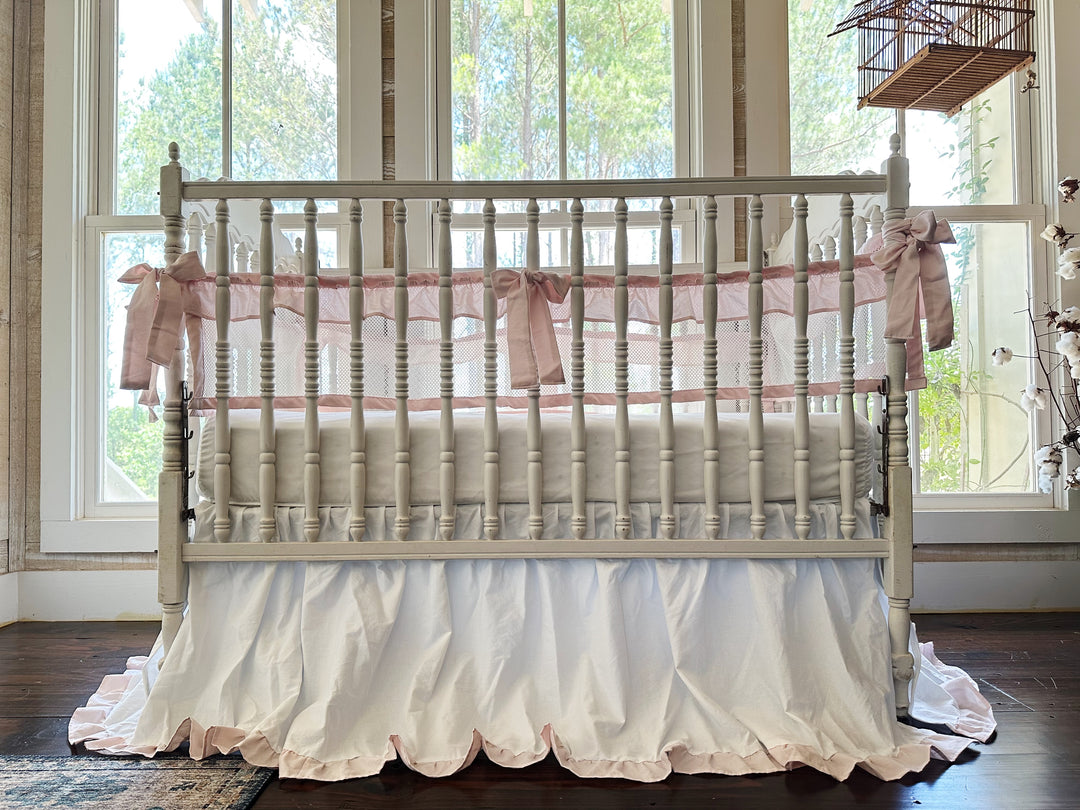 White & Pink Mesh Crib Liner Set + Ruffled Crib Skirt | Safe Sleep Bumper Alternative | Baby Girl Nursery | Handmade