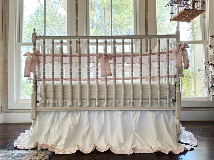 White & Pink Mesh Crib Liner Set + Ruffled Crib Skirt | Safe Sleep Bumper Alternative | Baby Girl Nursery | Handmade
