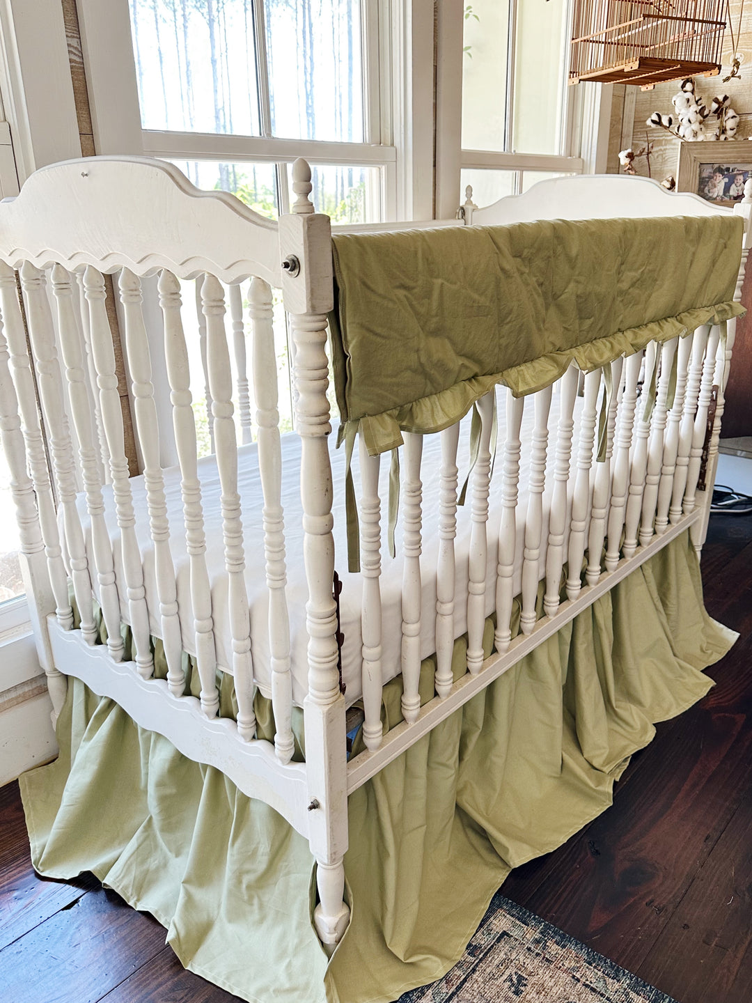 Sage Green Crib Bedding Set | Ruffled Crib Rail Cover + Farmhouse Crib Skirt | Woodland Nursery | Handmade