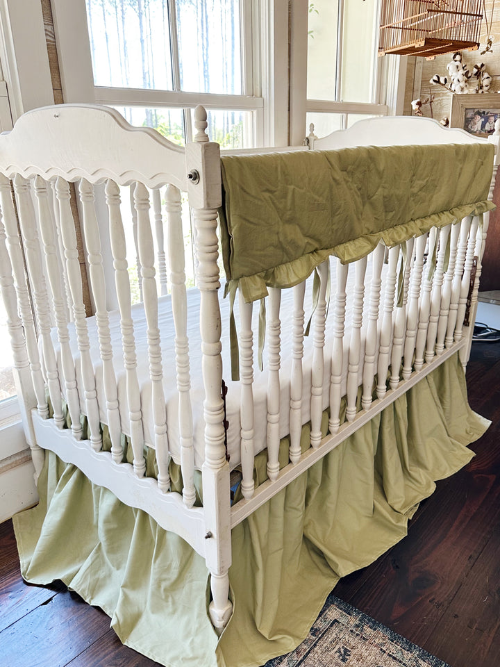 Sage Green Crib Bedding Set | Ruffled Crib Rail Cover + Farmhouse Crib Skirt | Woodland Nursery | Handmade