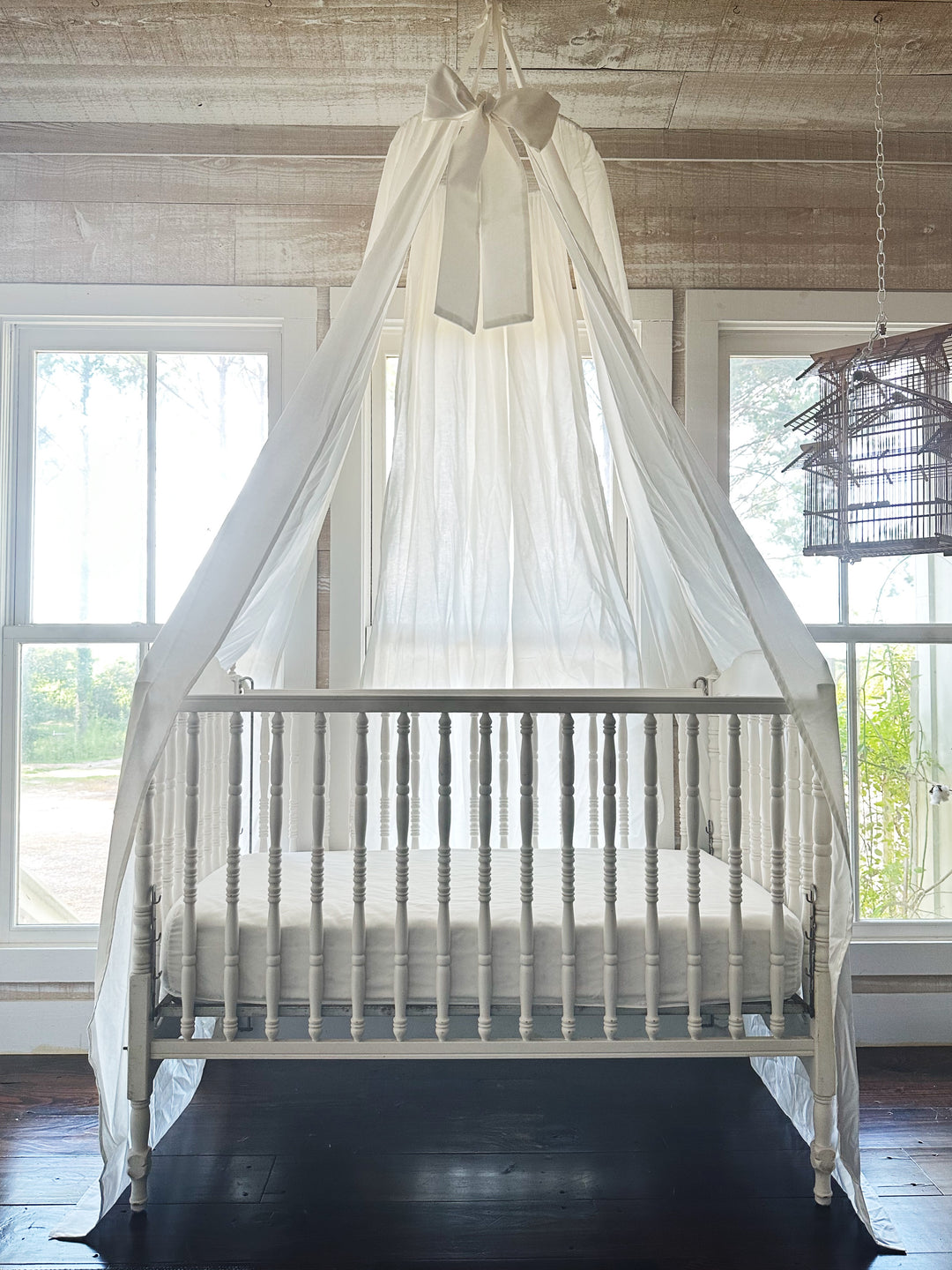 White Crib Canopy — Floor-Length Farmhouse Nursery Drape with Bow