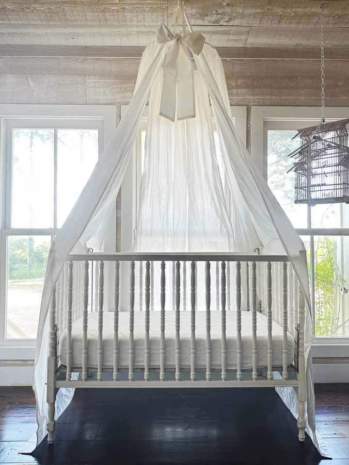 White Crib Canopy — Floor-Length Farmhouse Nursery Drape with Bow