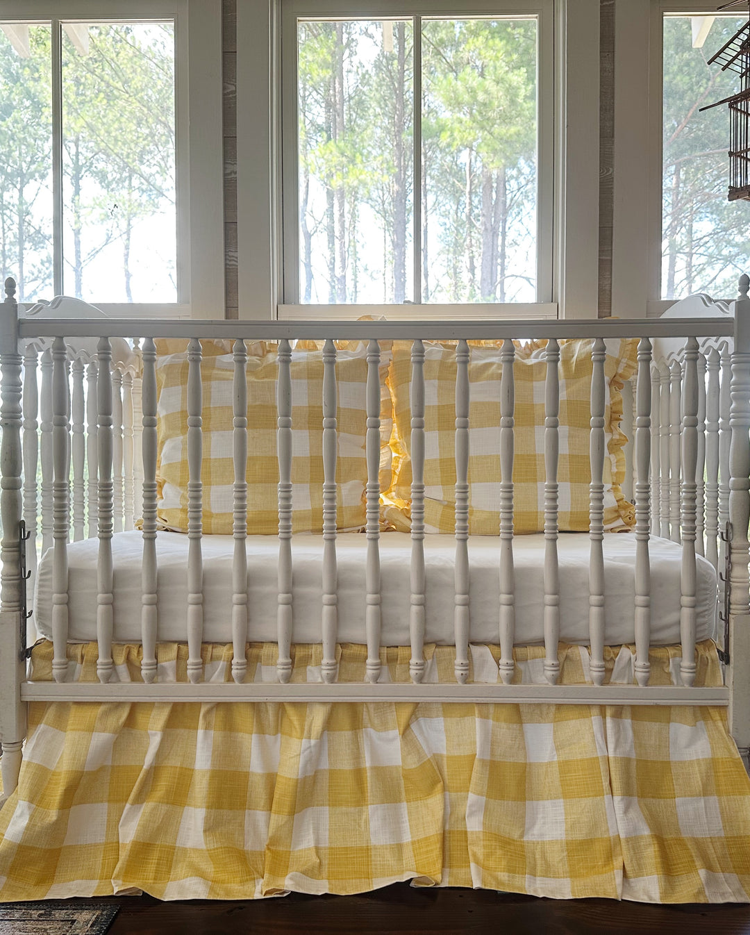 Yellow Buffalo Check Crib Bedding Set – Farmhouse Crib Skirt & Ruffled Pillow Shams