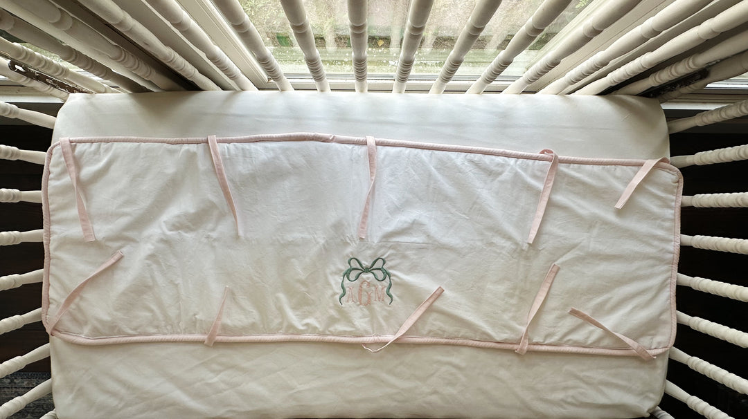 Tailored Crib Rail Cover Set — White Rail Cover with Pink Piping, Gathered Crib Skirt & Crib Bows | Baby Girl Nursery Bedding | Monogram Option