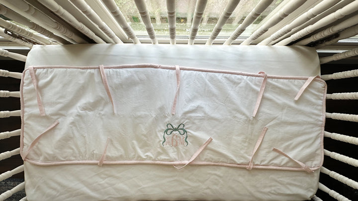 Tailored Crib Rail Cover Set — White Rail Cover with Pink Piping, Gathered Crib Skirt & Crib Bows | Baby Girl Nursery Bedding | Monogram Option