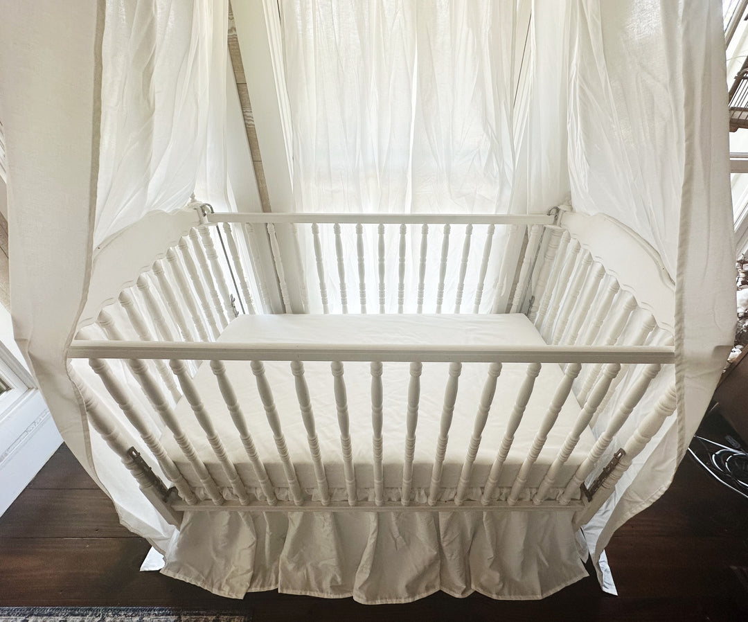 White Crib Canopy Set with Matching Crib Skirt — Farmhouse Nursery