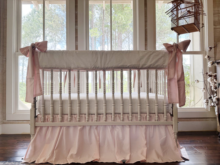Tailored Crib Rail Cover Set — White Rail Cover with Pink Piping, Gathered Crib Skirt & Crib Bows | Baby Girl Nursery Bedding | Monogram Option