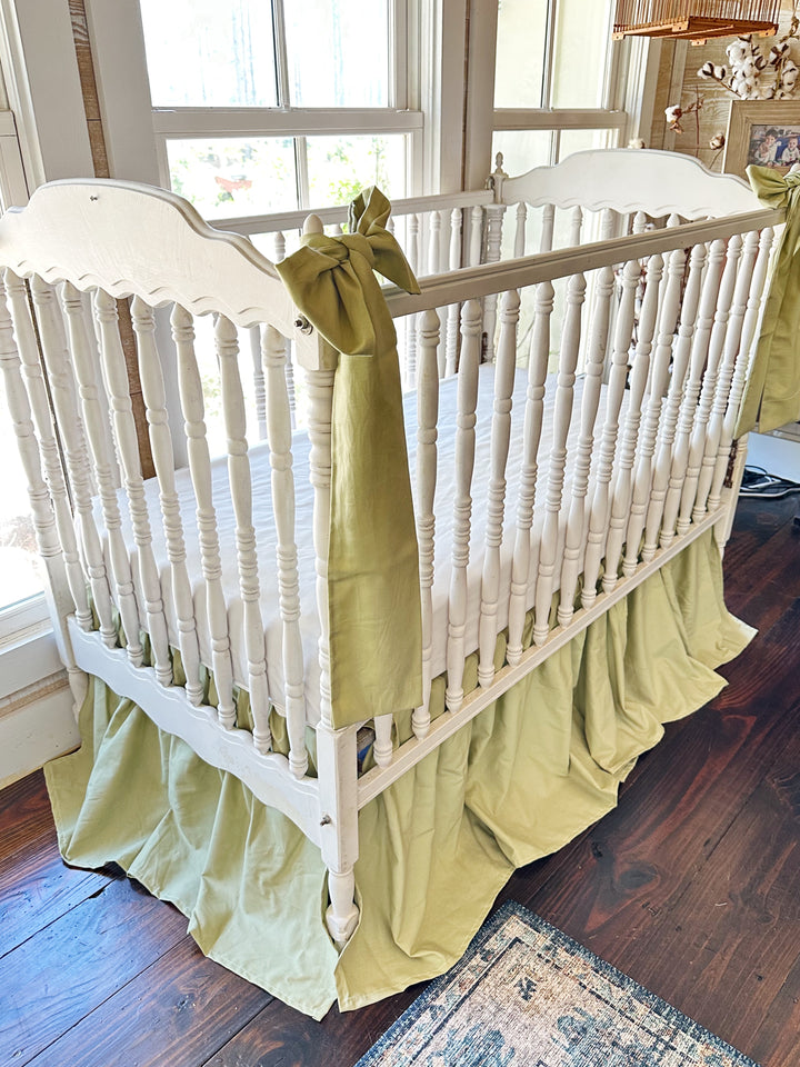 Sage Green Farmhouse Crib Bedding Set | 4-Sided Crib Skirt + 2 Large Crib Bows | Baby Boy, Baby Girl, Gender Neutral Nursery