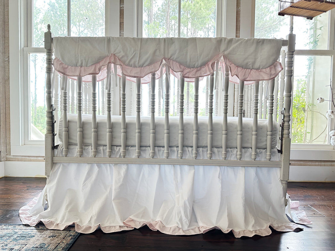 White & Pink Crib Bedding Set | Scallop Rail Cover + Ruffled Crib Skirt | Baby Girl Nursery | Personalized | Handmade