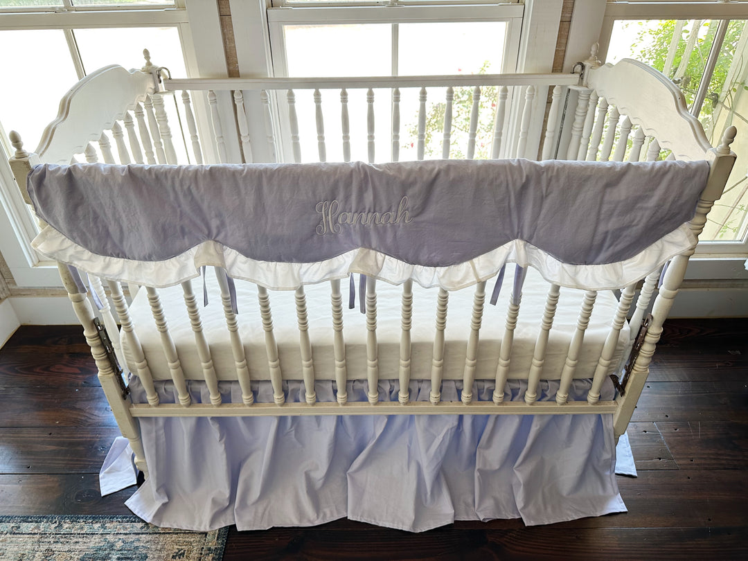 Lavender Scalloped Crib Rail Cover & Farmhouse Skirt Set | Personalized Baby Girl Nursery Bedding