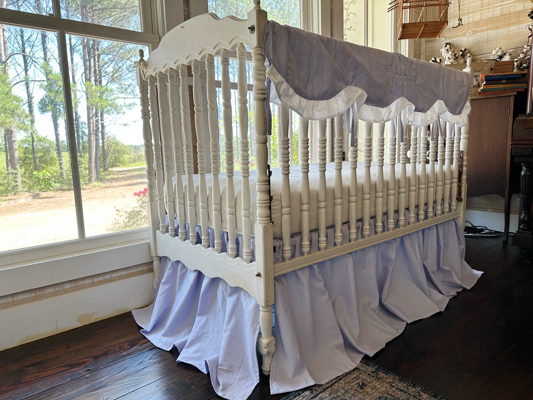 Lavender Scalloped Crib Rail Cover & Farmhouse Skirt Set | Personalized Baby Girl Nursery Bedding