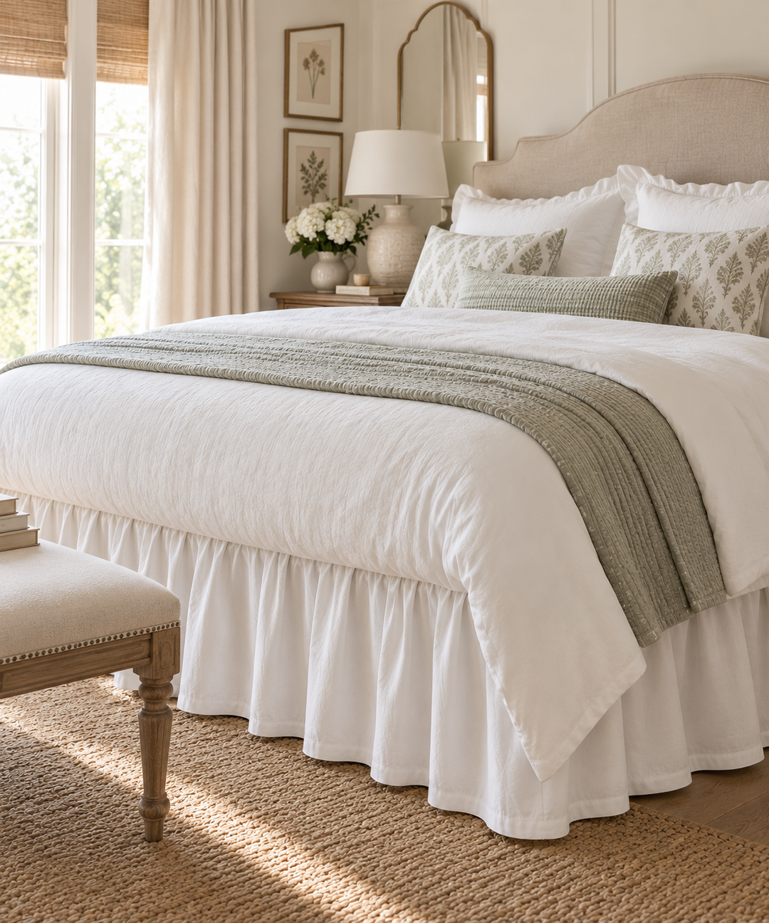 Corner of a made bed showing the white farmhouse cotton bed skirt in deep even gathers falling to a jute rug, with an upholstered bench and a sunlit window behind