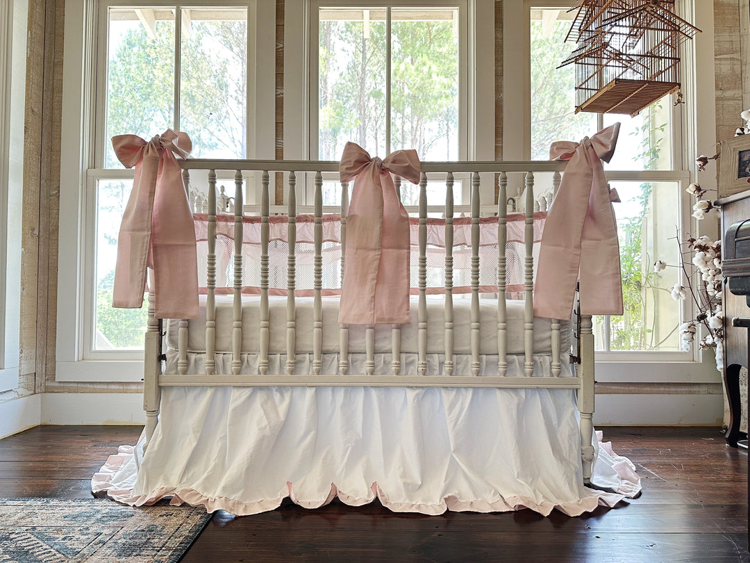 White & Baby Pink Ruffled Mesh Crib Liner, Skirt & Bow Set | Safe Sleep Baby Girl Nursery Bedding