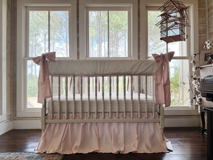 Tailored Crib Rail Cover Set — White Rail Cover with Pink Piping, Gathered Crib Skirt & Crib Bows | Baby Girl Nursery Bedding | Monogram Option