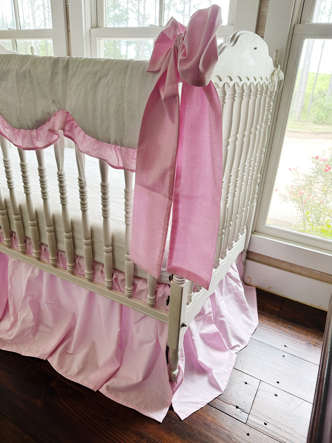 Baby Girl Crib Bedding Set – Cotton Candy Dreams Parfait Pink with Ruffled Crib Rail Cover, Crib Skirt and Bows | Monogram Option