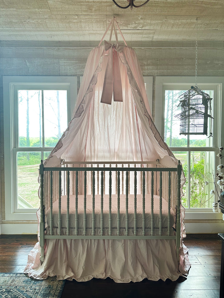 Baby Pink Ruffled Crib Canopy Set | Handmade Heirloom Nursery Bedding