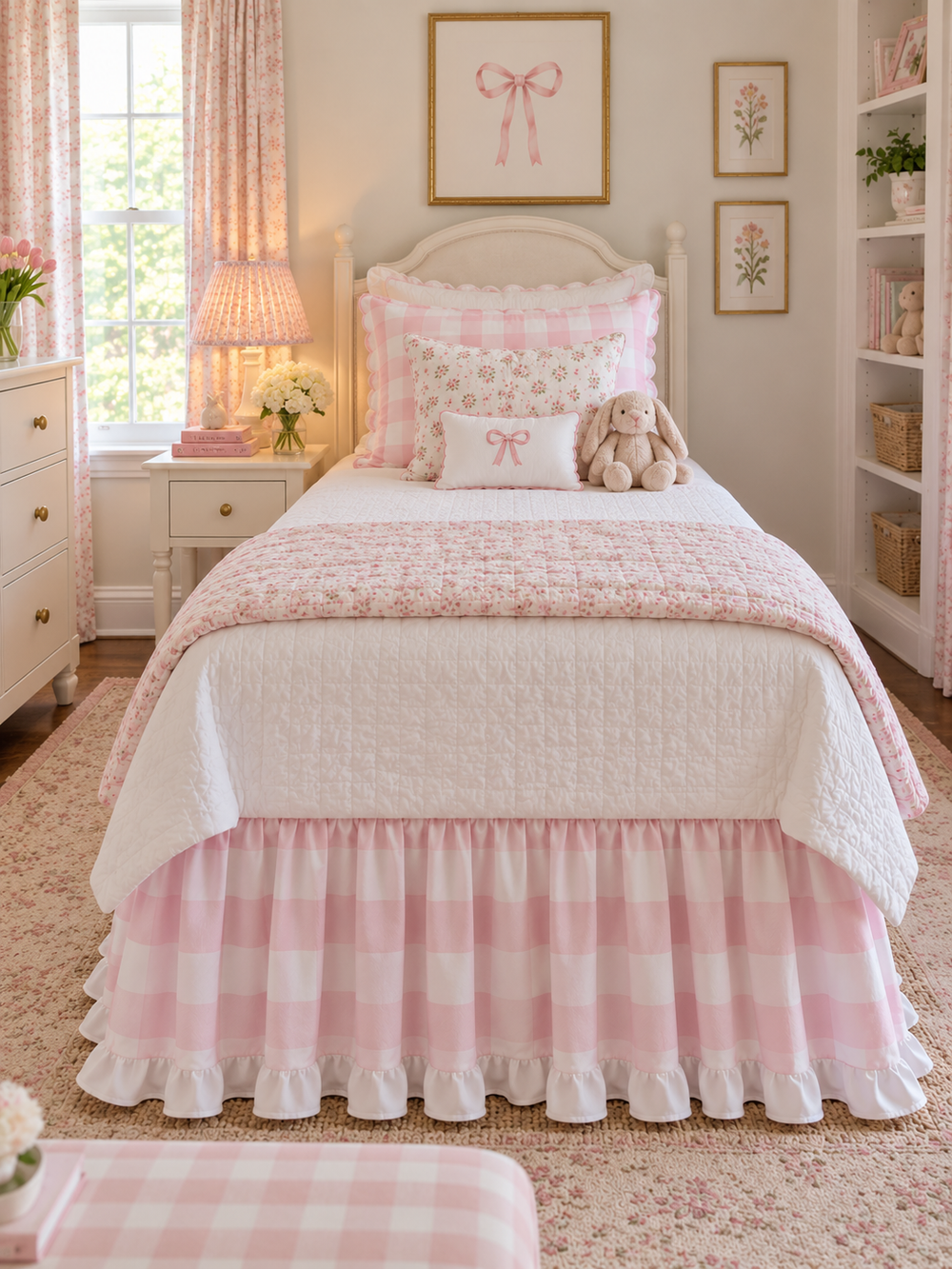 Straight on view from the foot of a twin bed showing the pink buffalo check bed skirt with its white ruffle hem - High Cotton Textile