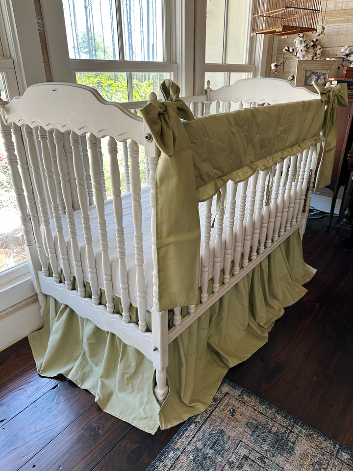 Sage Green Ruffled Crib Rail Cover, Farmhouse Skirt & Large Bow Set | Gender Neutral Baby Bedding